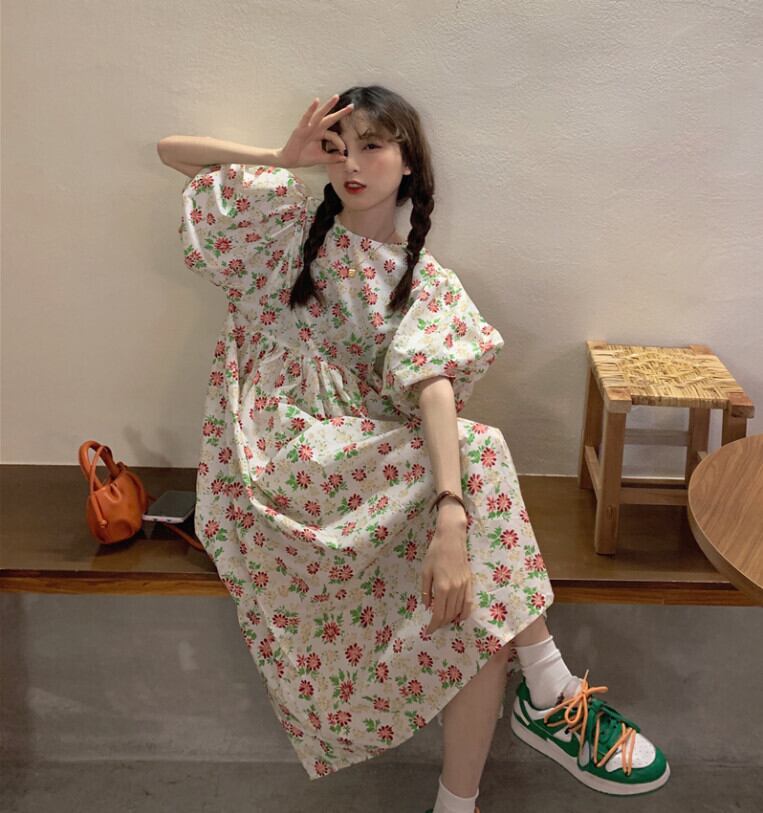 ラウンドネックルーズフローラルドレス サマーウェストスカート 大人ガーリー スウィート キュート カジュアル 夏物 花柄 Oネック モンロー98887204586