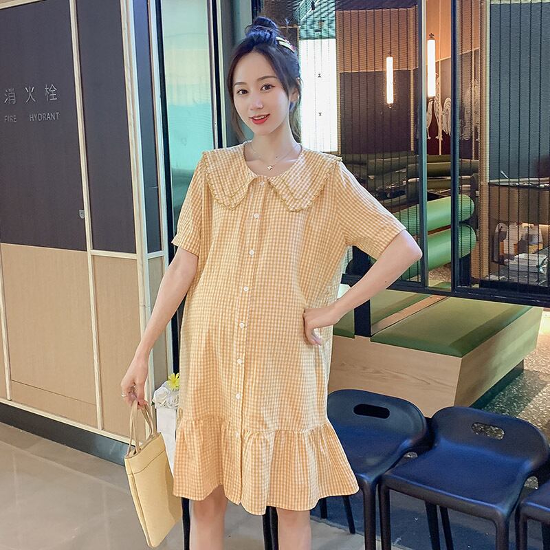 【新作】【送料無料】 マタニティウェア2020夏の新しい綿とリネンのチェックダブルレイヤードールカラードレスミドル丈マタニティドレス-アリババ コットン サマー 夏物 expec242847265894