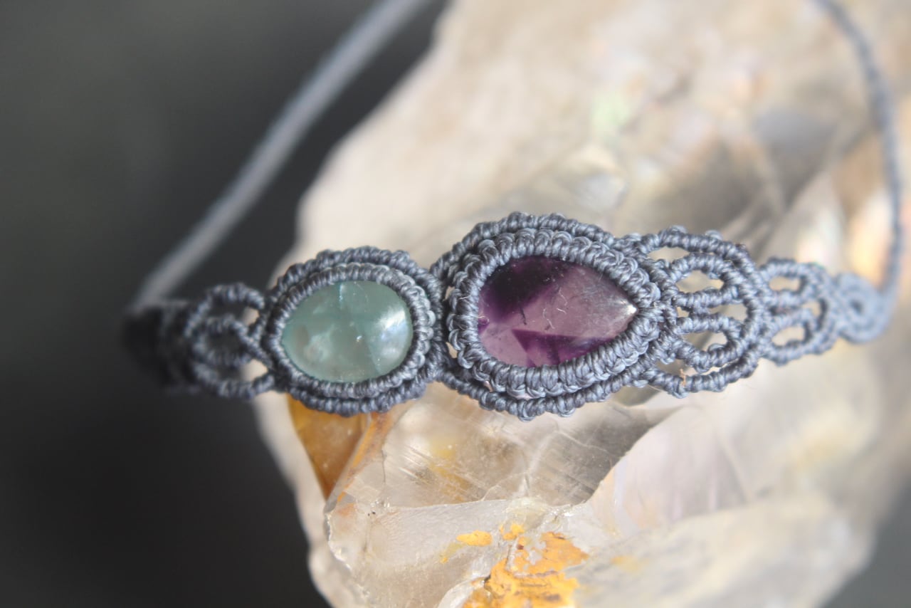 Trapiche amethyst & Green Fluorite micro macrame bracelet