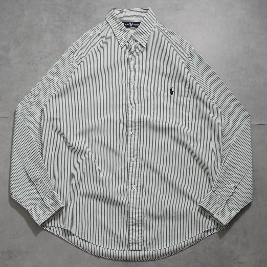 ラルフローレン ストライプシャツ 古着 ポニー 刺繍 L 白 緑 16261