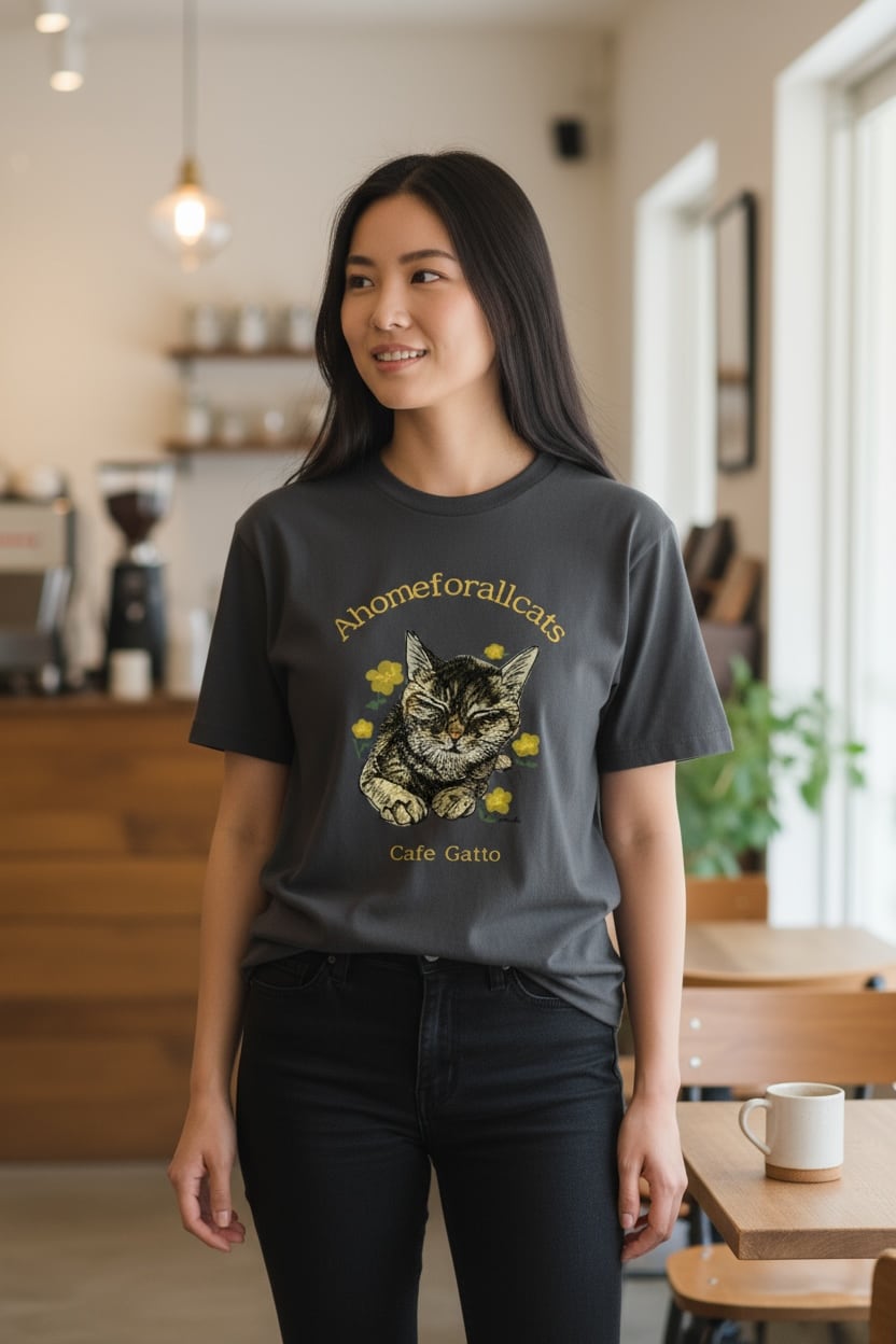 すべての猫におうちを Tシャツ（スミ） | 福岡の猫カフェ里親募集型