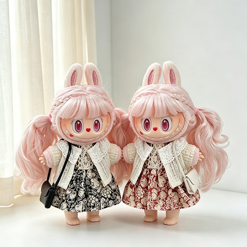 ebagosu ラビットファーポケット付きストール ピンク キズあり Labubu 1-3代用 秋 カジュアル 花柄ワンピース+ニットジャケット+