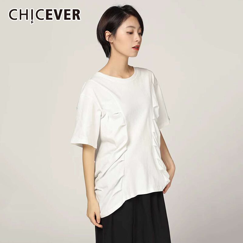 CHICEVERシャーリングTシャツ女性Oネック半袖不規則な特大シャツトップス2020サマータイド ショート ハーフスリーブ 夏物 6base543865811837