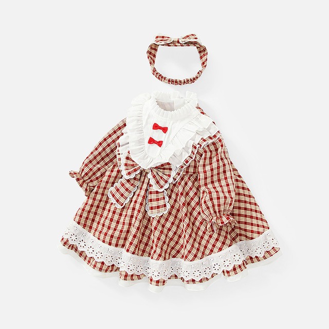 大きなリボンのチェック柄ワンピース(ヘアバンド付き)