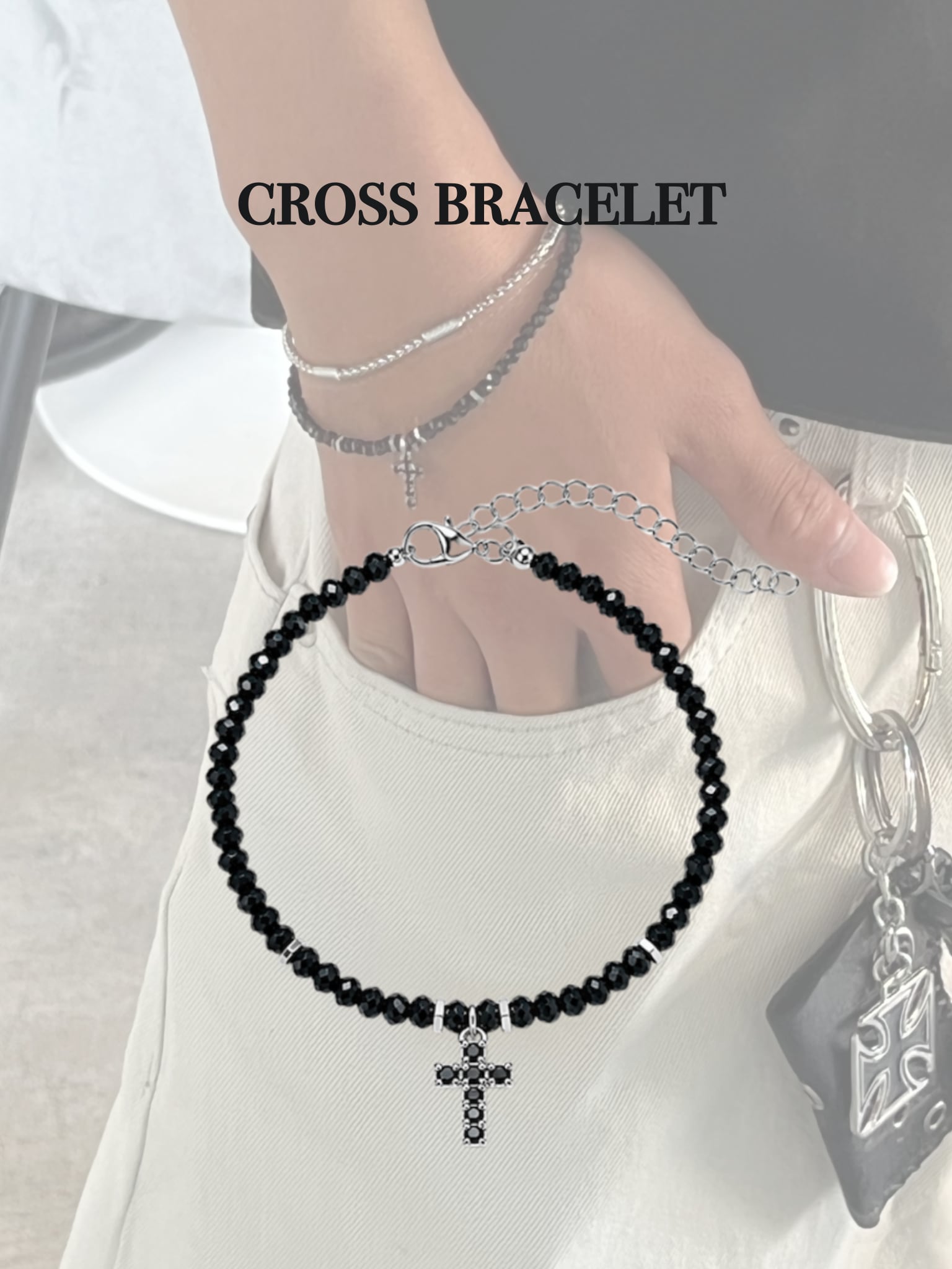 即納】韓国トレンド black cross beads bracelet | 韓国ファッション