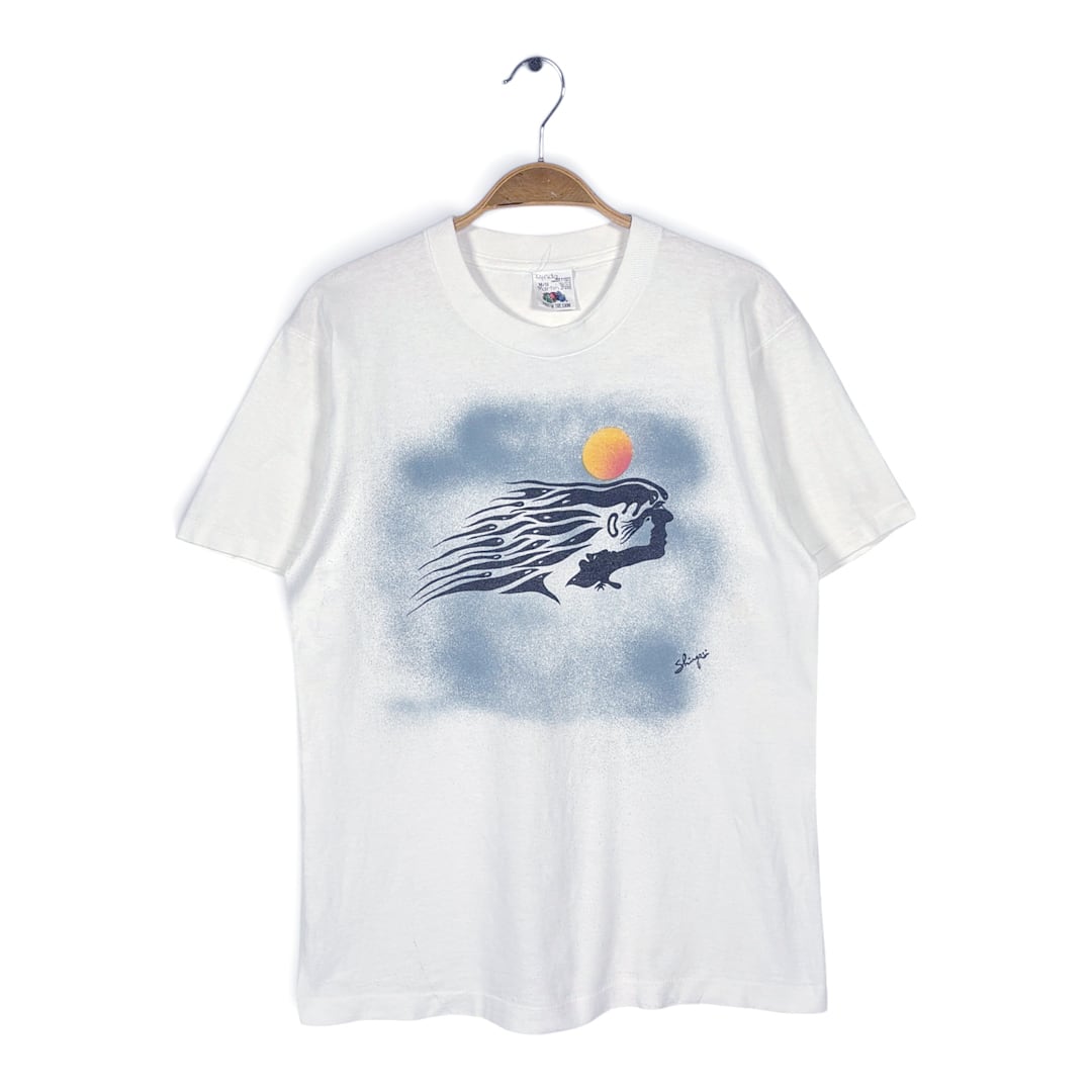80s だまし絵 アートT カナダ製 ヴィンテージ Tシャツ グラフィックT ホワイト シングルステッチ フルーツオブザルーム サイズM 古着 BZ0568