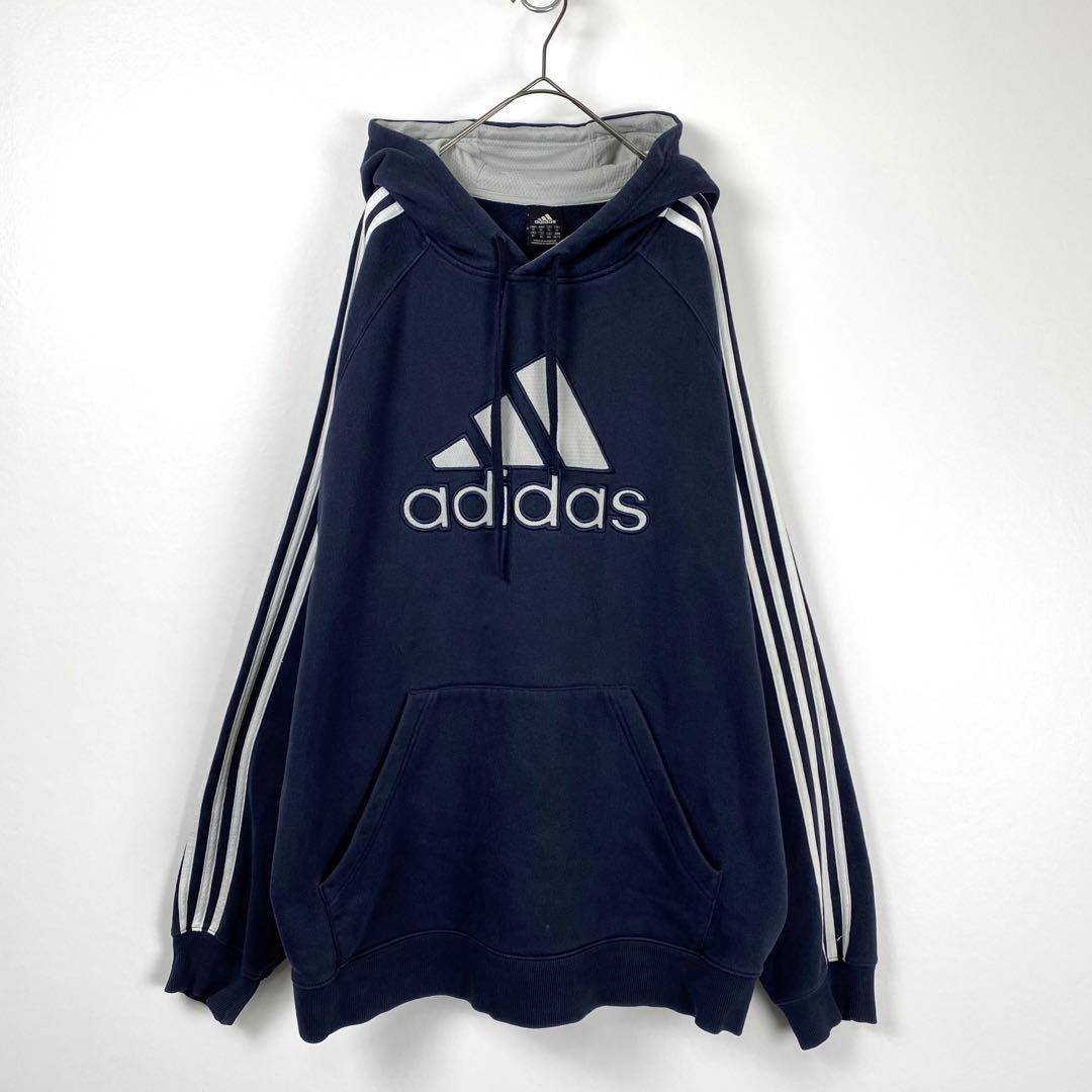 XL 00s adidas ビッグロゴ 刺繍 ３本ライン パーカー ネイビー XL