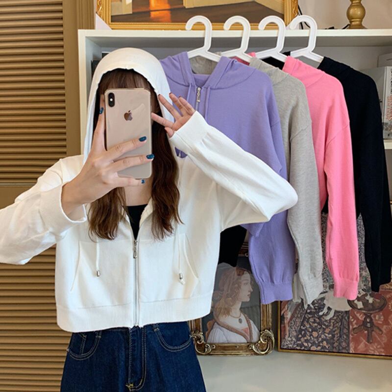 ショートルーズフードジッパーニットセーター スプリングオータムカーディガントップス ロング 春物 秋物 萌量不足23196993984