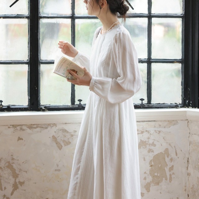 【2 colors】Retro Lantern Sleeve Long Dress [26010017]