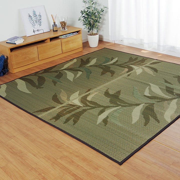 い草ラグ 消臭 カーペット 長方形 リーフ ブラウン 約191×300cm (裏:不織布) 滑りにくい加工