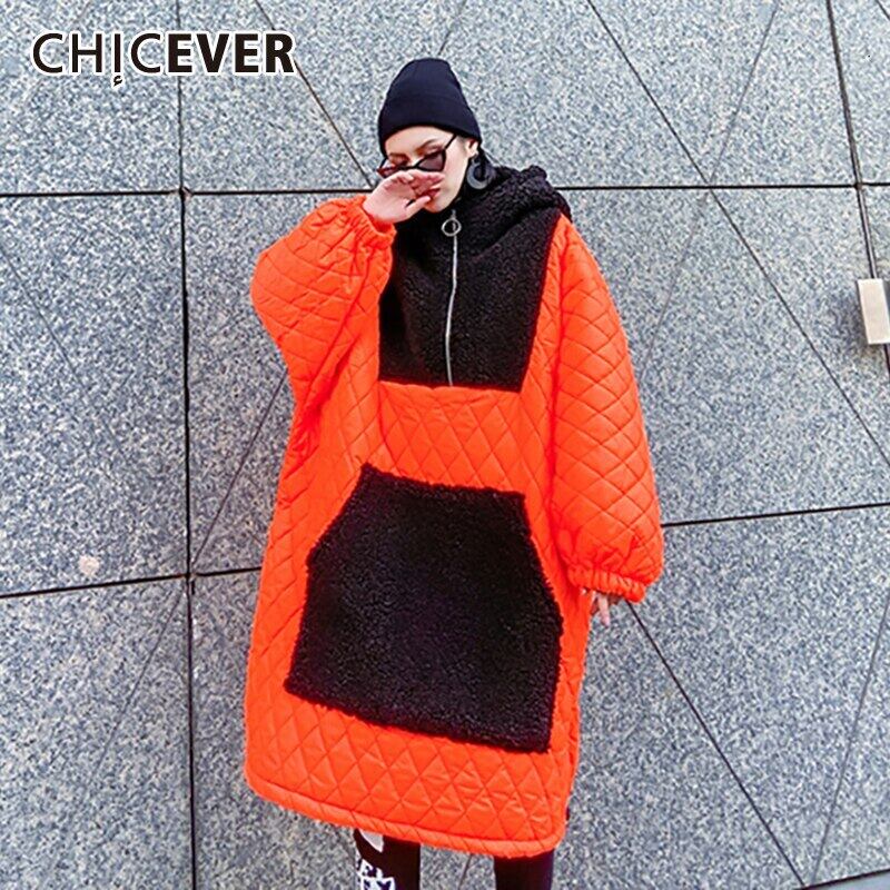 CHICEVERパッチワークポケットヒットカラーレディーススウェットシャツフード付きランタンスリーブチェック柄オーバーサイズルーズプルオーバー2020 6base579134075288