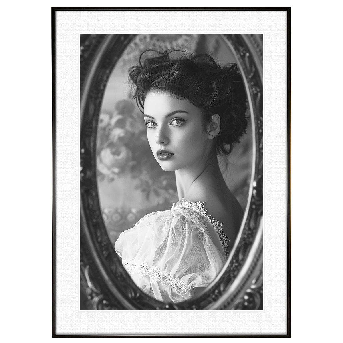 人物写真 鏡に映る女性のまなざし インテリアモノクロアートフォトポスター額装 AS4661