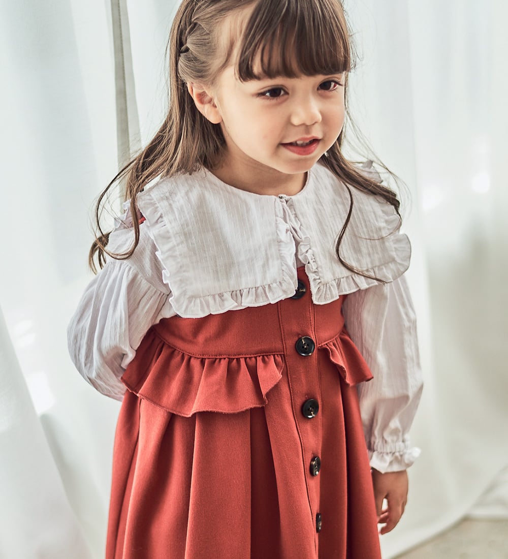 BABY リボン衿ブラウス ブラウン ノーカラー袖口フリル バルーンスリーブブラウス しわ加工 ブラウン