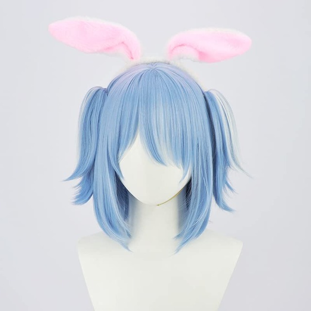 コスプレウィッグ 兎田ぺこら ブルー ホワイト グラデーション 耐熱 ウィッグ かつら wig (ボブ（耳なし）)