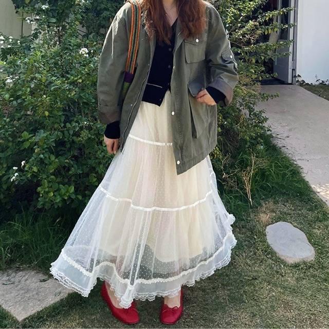 lace dot tiered long skirt J00092