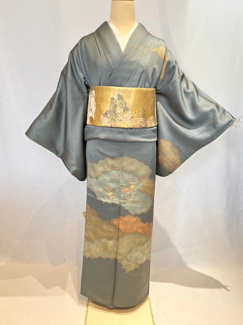 2088 ブルーグレー訪問着 袷単品 雲文様 金銀糸 Houmongi(lined kimono)