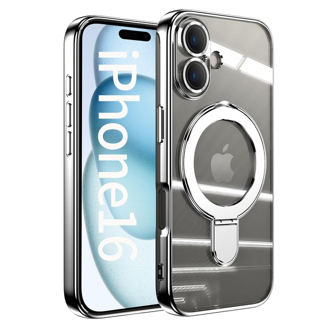 JOOBOY スマホケース 対応 iPhone 16 ケース MagSafe対応 クリア 透明 リング付き メッキ仕上げ レンズカバー付き ソフトTPU 耐衝撃 傷に強い背面 ワイヤレス充電 ストラップホール付き アイフォン16 磁気カバー (シルバー, 16)