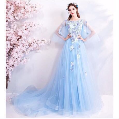 花柄 ブルー 刺繍 ロング丈 豪華 袖あり 演出服 結婚式ドレス レース