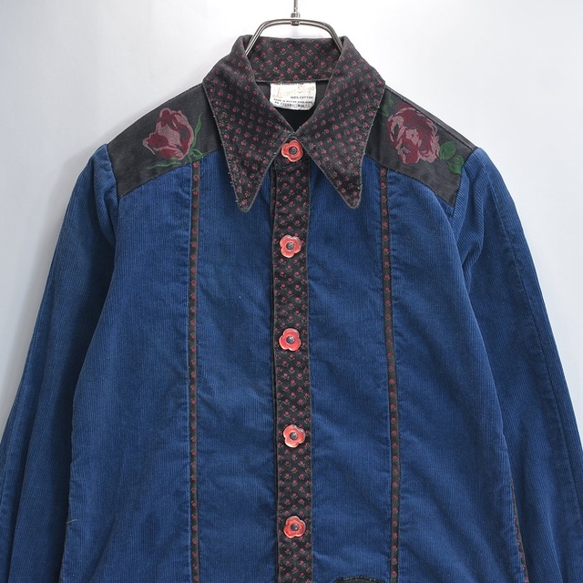 60s 70s Lerner Shops ラーナーショップス コーデュロイシャツ 小花柄 薔薇 切替 フラワーボタン ロングポイント ウエスタン デザインシャツ ネイビー USED ヴィンテージ ビンテージ 古着 レディース S〜M相当