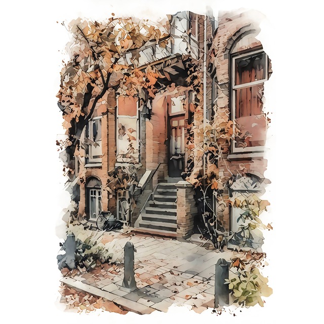 絵画 風景画(街並み) 秋 オランダ ユトレヒトの紅葉 インテリアアート額付き 水彩画・油絵調 WAT0534