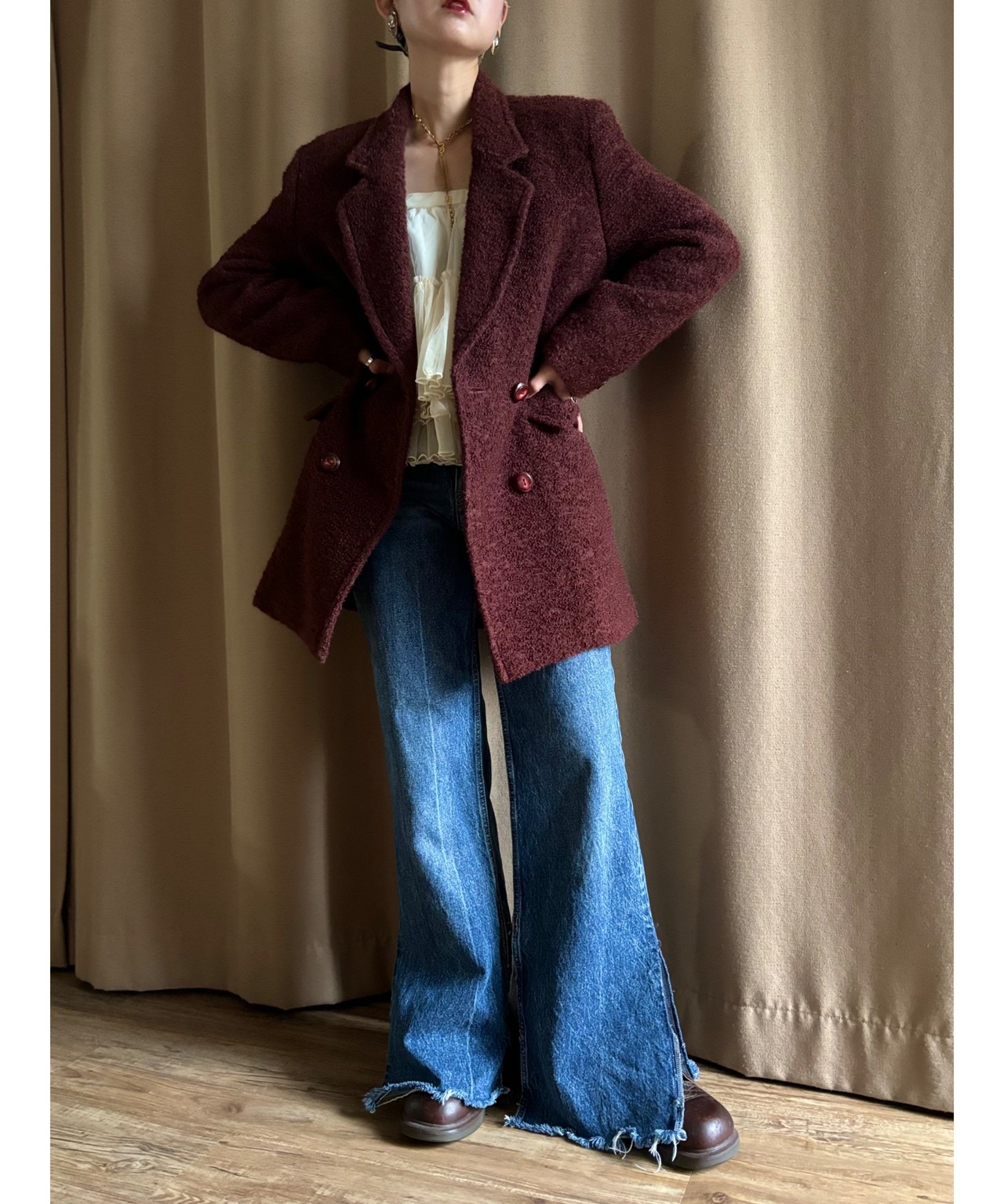 burgundy color boa half coat-4434-11