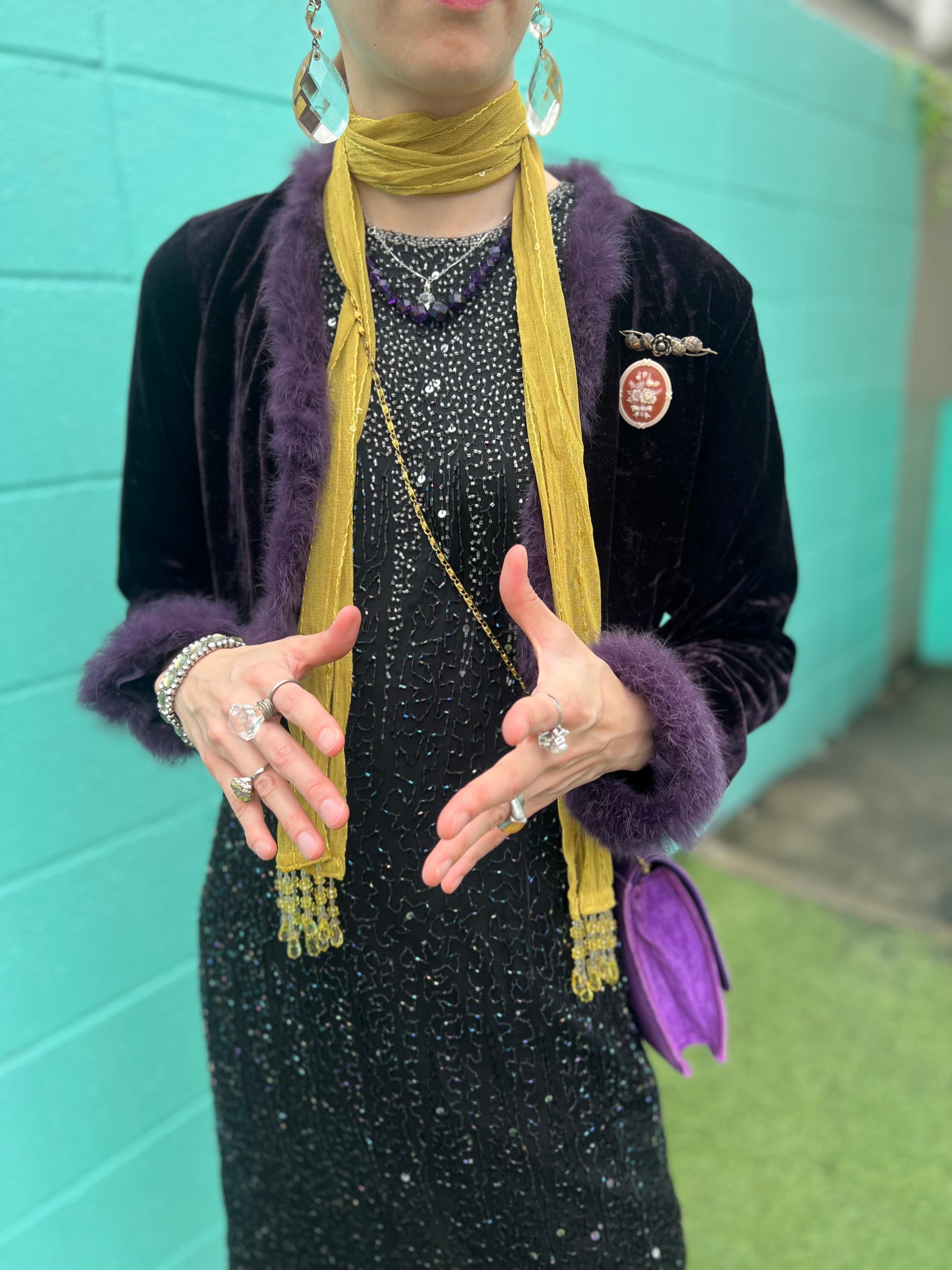 ヴィンテージ ベロア 紫 アンティーク ゴールド パープル グリーン ベルト Vintage purple velours jacket ( ヴィンテージ パープル ベロア