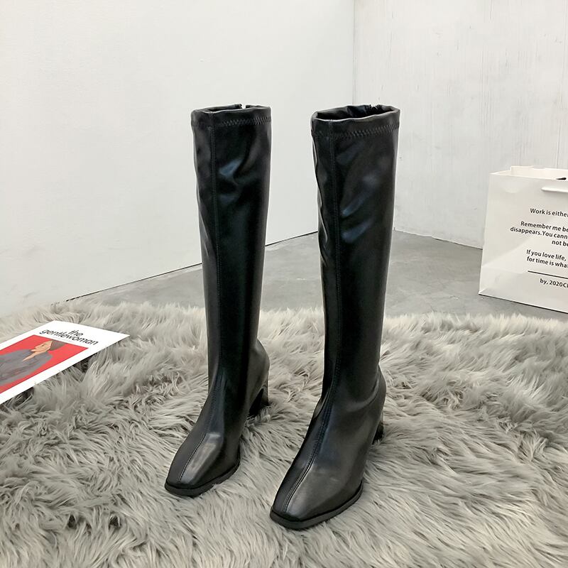 ロングブーツオータムウィンターブラックレッドスタンダード レトロ 靴 シューズ 秋物 冬物 スクウェア フェイクシューズ85507820648