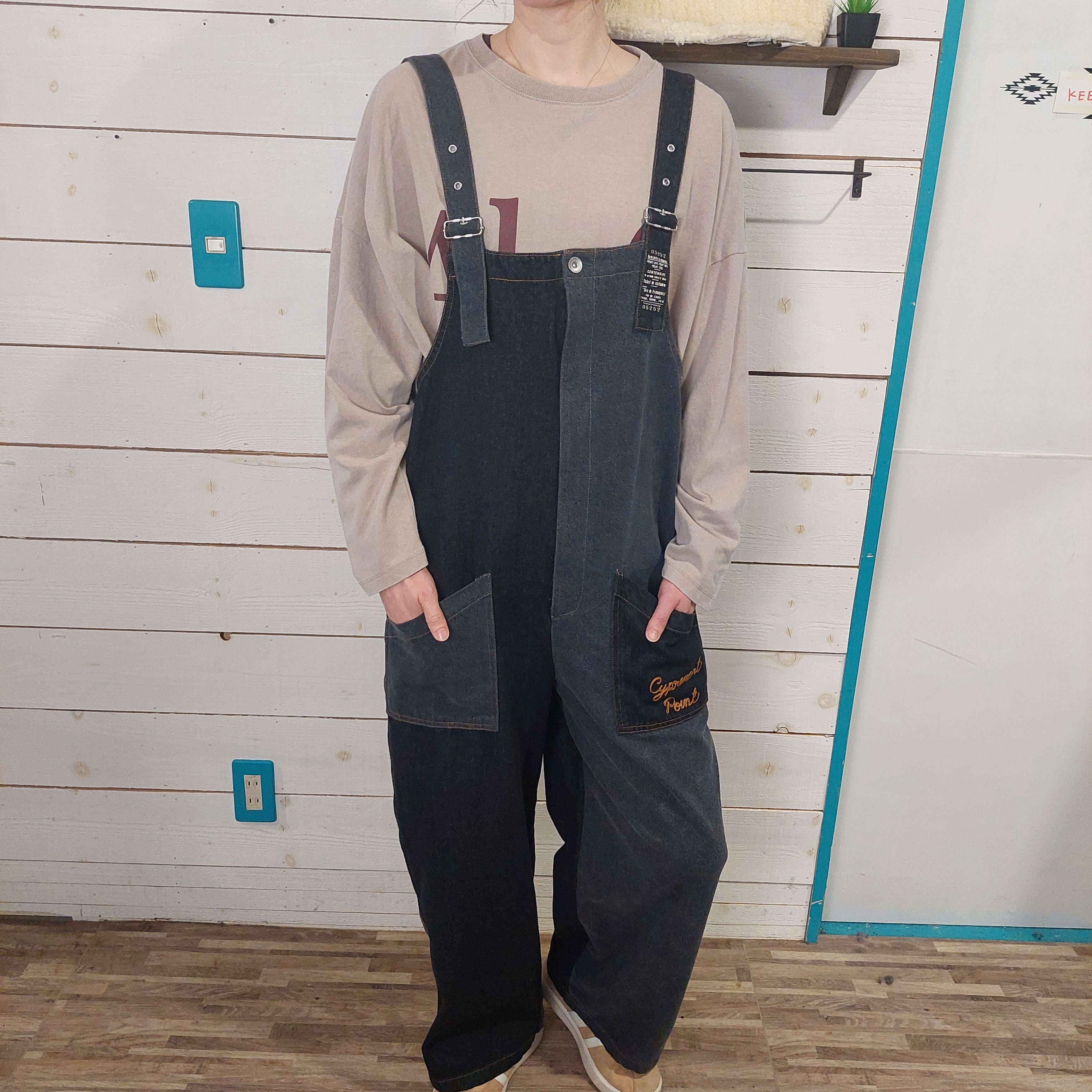 『People's』2656  アシンメトリー切替 カラーデニム ワーク サロペット フリーサイズ