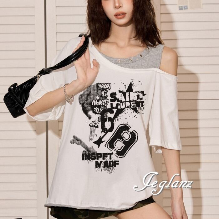 3色 バイカラー フェイク ナンバー ロゴ Tシャツ スタッズ(MC928)β