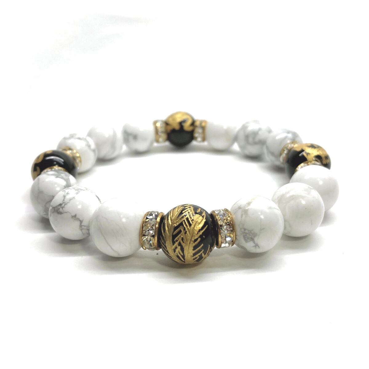 12mm 四神獣金彫オニキス×ハウライト パワーストーン ブレスレット