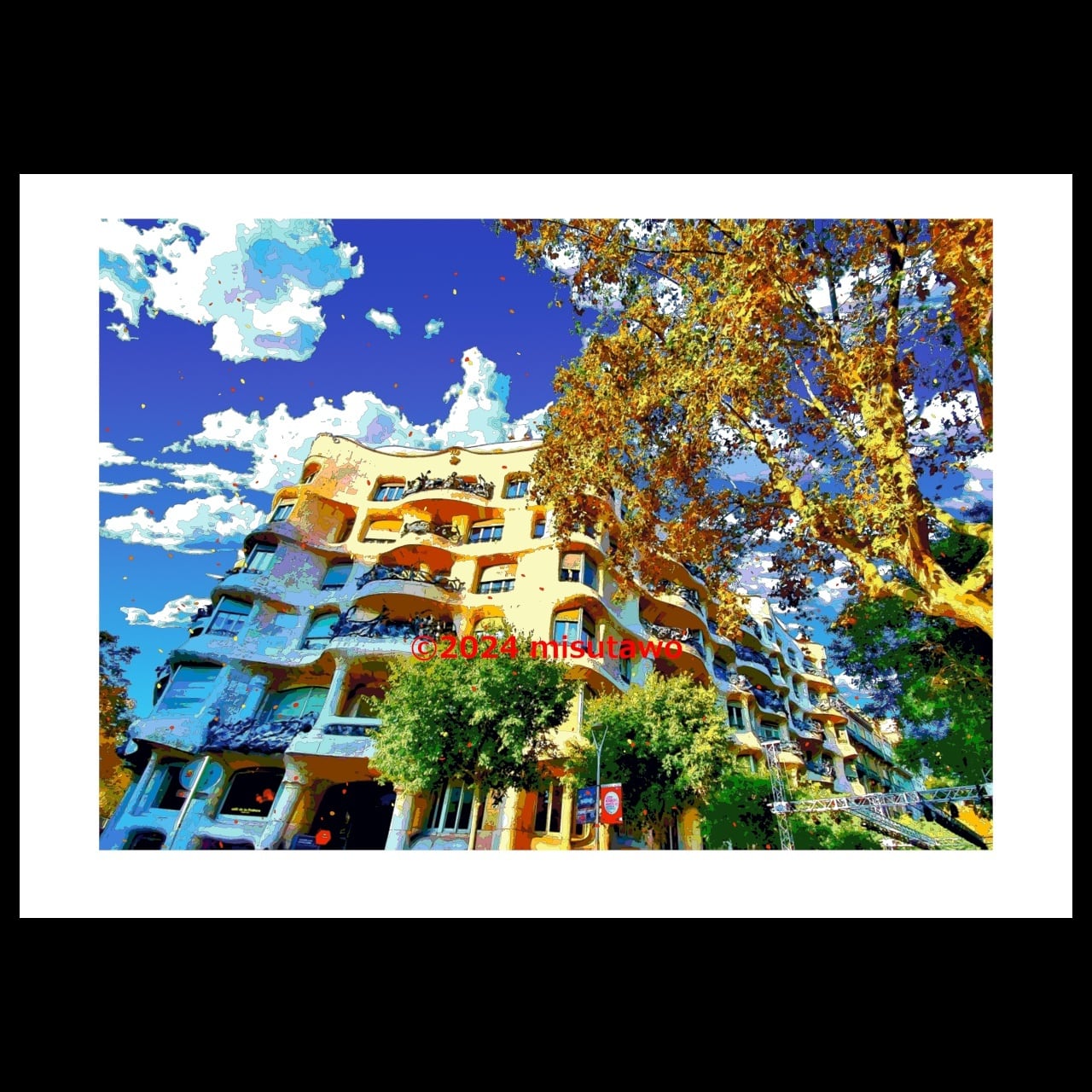 アートポスター】スペイン 黄葉とカサ・ミラ（作品No.625） | GALLERY