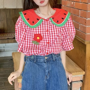スイカのsailorギンガムチェックblouse (kai1329)