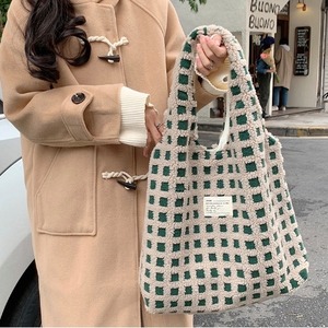 5color / もこもこファーチェック柄トートバッグ