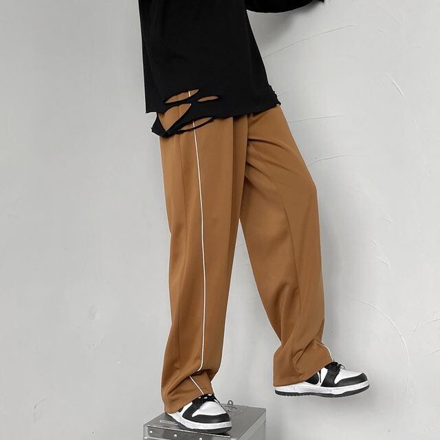 【予約販売】ワイドパンツ ボトムス メンズ ライン ルーズストレート ブラウン ブラック カジュアル こなれ感 お洒落 韓国 トレンド 秋 冬 M/L/XL/2XL/3XL/4XL/5XL