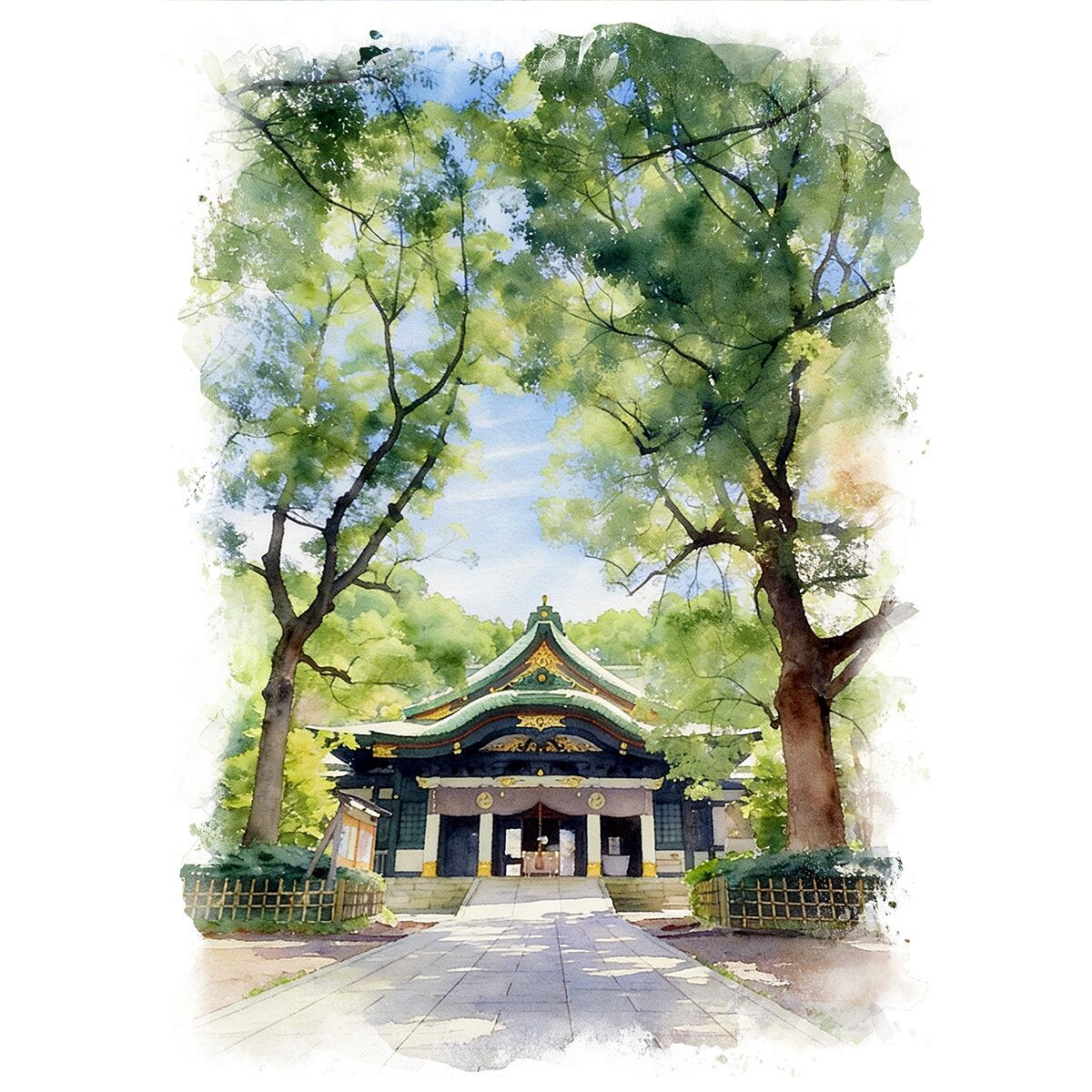 絵画 風景画 日本 東京 王子神社 インテリアアート額付き 水彩画風 WAT1822