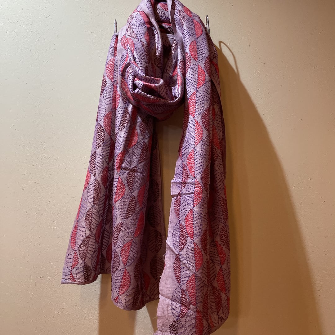 手織り　手刺繍　シルクストール　オールハンドメイド　浅紫に木の葉   糸の心