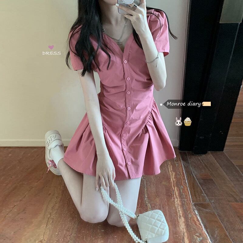 Vネックドレス サマーウェストAラインショートスカート ピンク 大人ガーリー スウィート キュート カジュアル 夏物 モンロー60354899195