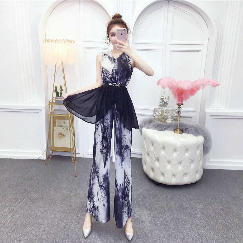 シフォンジャンプスーツ オールインワン サマーウェストスリムパンツ 夏物 ハンチェンe60732525542