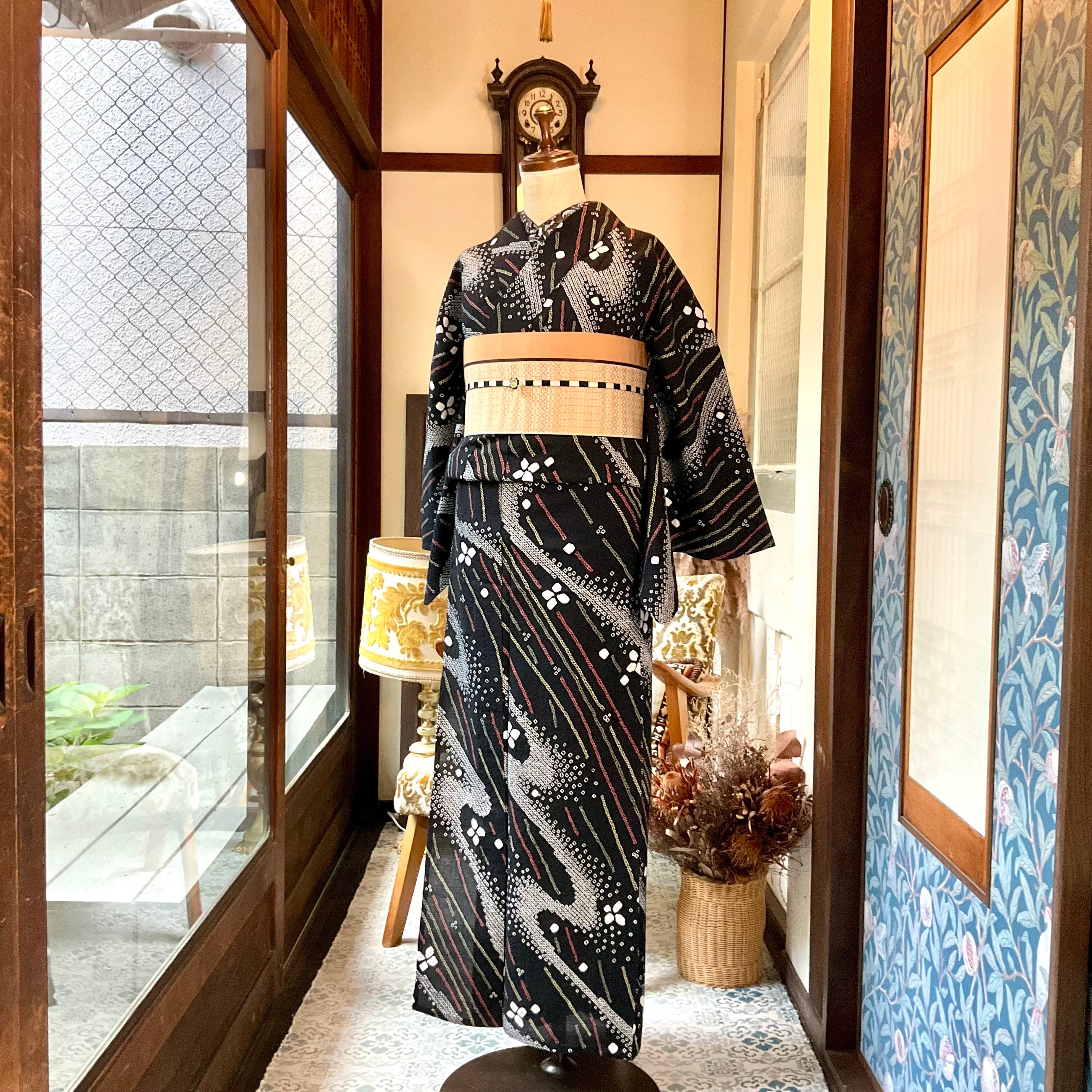 銀河のよろけ路＊モノトーン 黒 ブラック 流水 大人浴衣 有松鳴海絞り