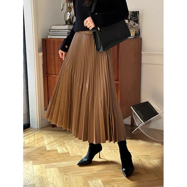 プリーツ フェイクレザー スカート　◆２col　YH9945