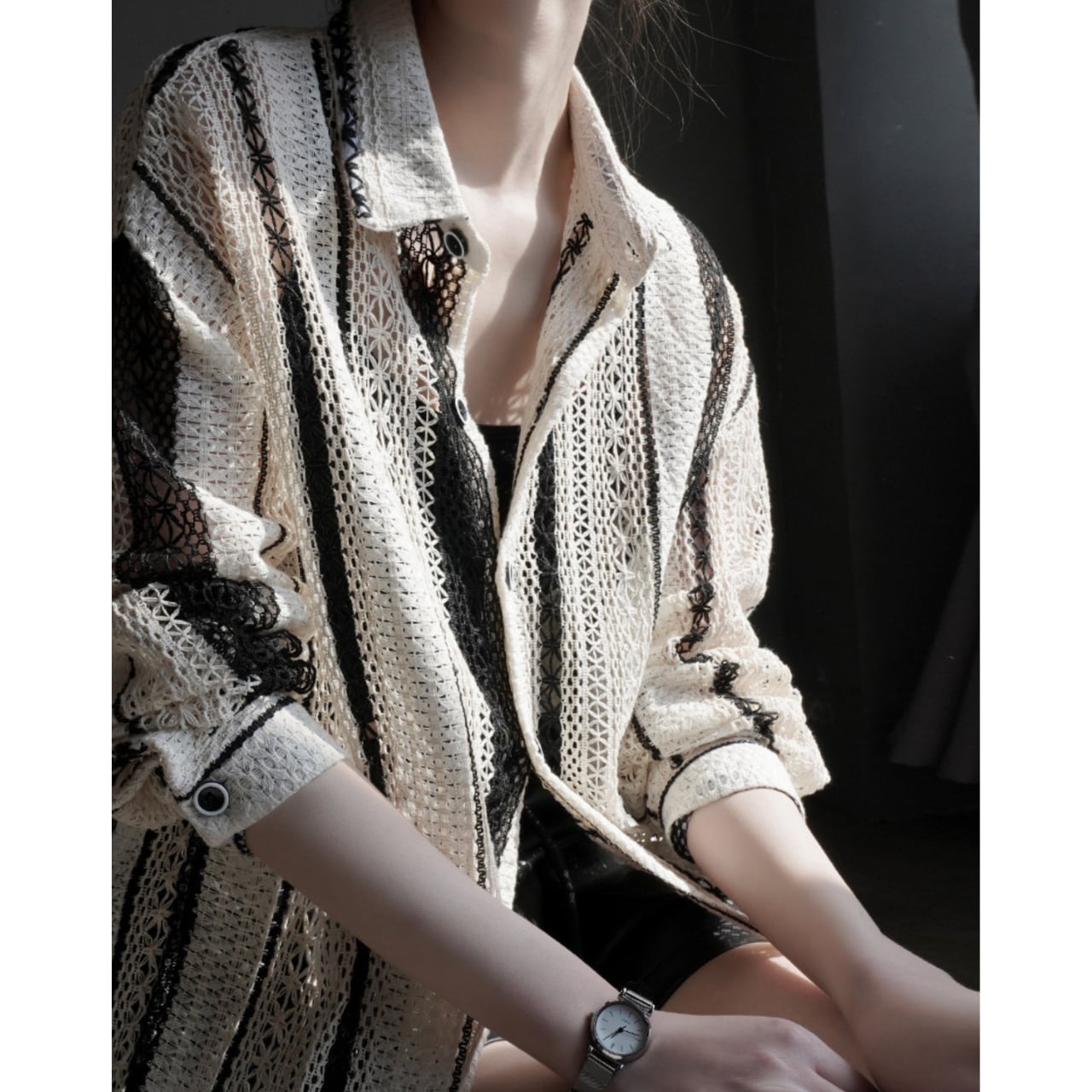 透かし編みストライプニットシャツ 2COL 10068