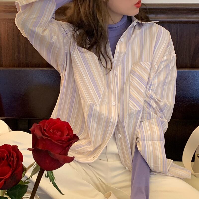 スタンダードストライプスタイルシャツ レディーススプリングルーズトップス ロング レトロ 春物 萌量不足40504187478