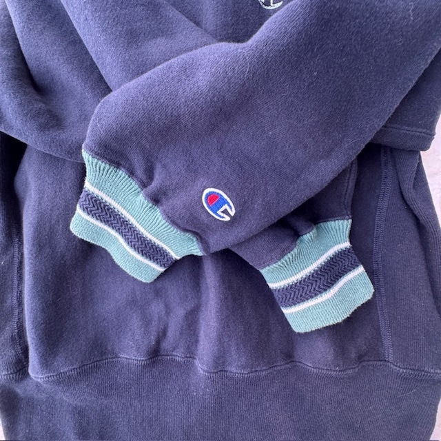 Champion リバースウィーブ スウェット 90s USA製 ネイビー グリーンリブボーダー 刺繍タグ ヴィンテージ古着 M 画像8
