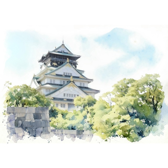 絵画 風景画 日本の城 大阪城 インテリアアート額付き 水彩画・油絵風 WAT0987