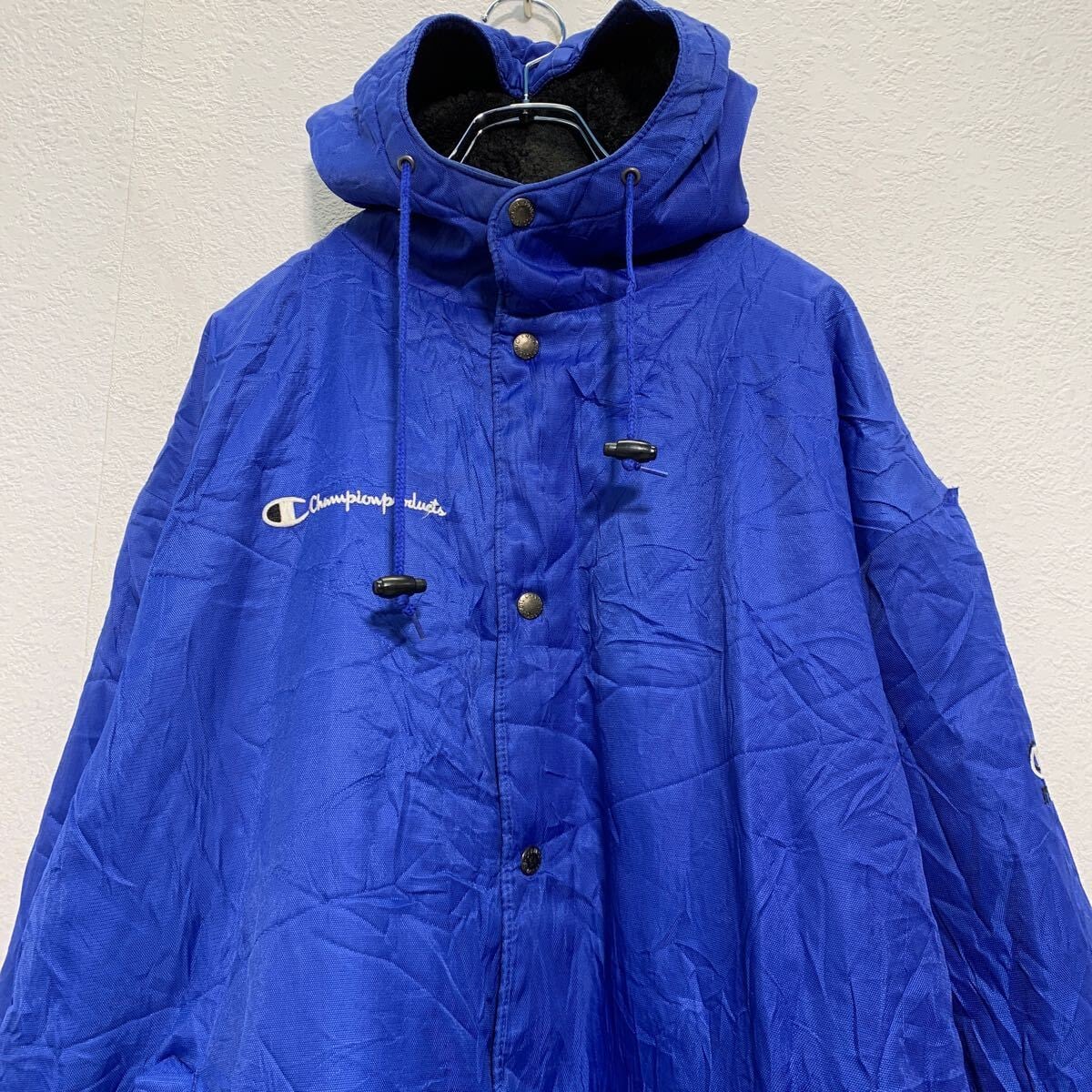 Champion 裏ボア ナイロンジャケット M ブルー チャンピオン 袖ロゴ 