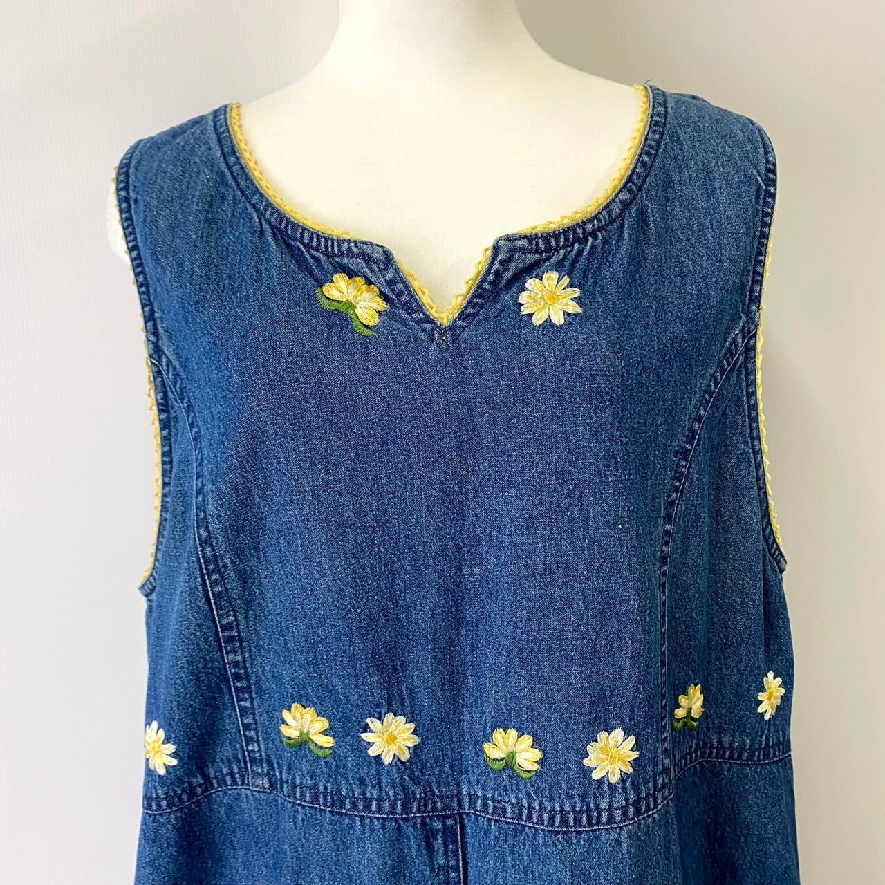 デニム 花柄刺繍 ノースリーブ ロングワンピース レディースXL 古着