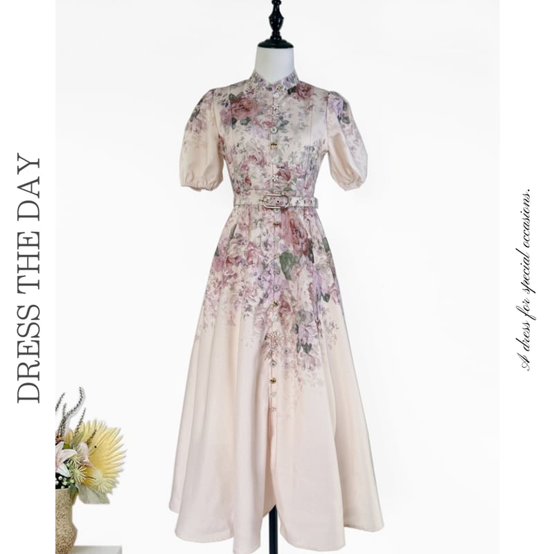 パフスリーブベルトフラワードレス D0059