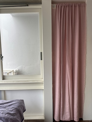 リトアニアリネン pink & orange check柄 カーテン