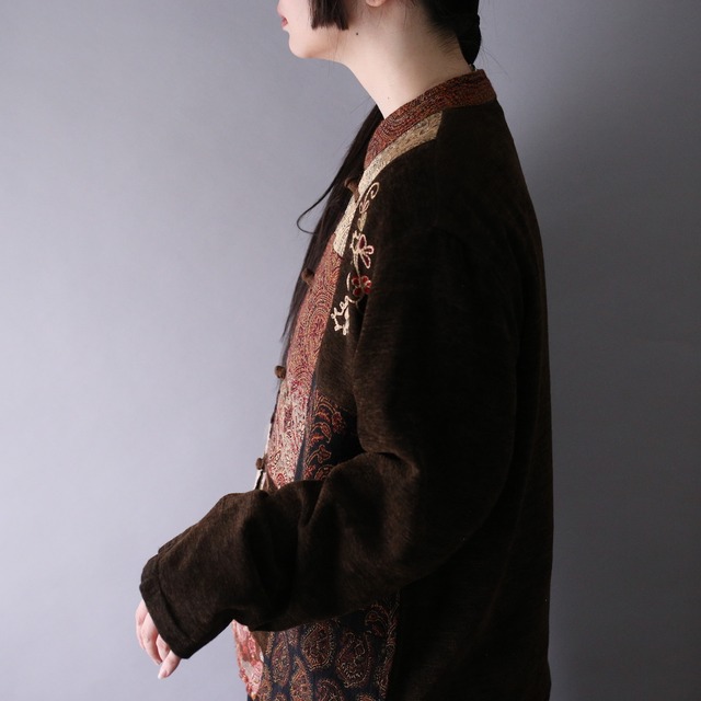 "刺繍" multi fabric switching pattern box silhouette china shirt jacket