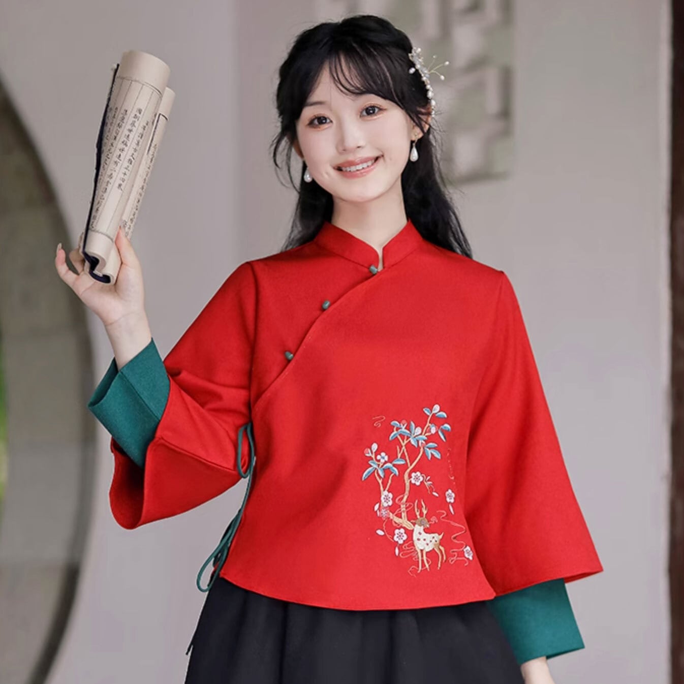 チャイナ服 トップス 秋冬 重ね着風袖 刺繍 長袖 装飾チャイナ チャイナ服 トップス 秋冬 重ね着風袖 刺繍 長袖 装飾チャイナ